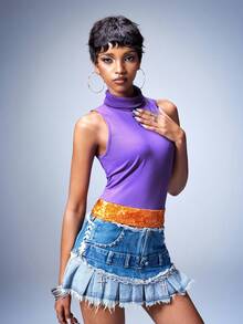 Y2Kool BiGraphic Women's Purple And Gold Sexy Sleeveless Top With Fashionable Color-Blocking, Summer Y2k 2000s Style 90s Fashion - Purple - View 5