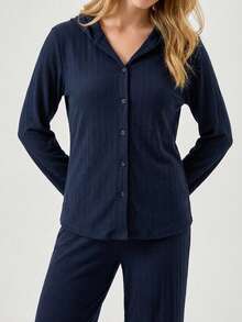 Loomlin 100%Cotton Shirt Style Buttoned Striped Dark Blue 2 Pieces Pajama Set - Navy Blue - View 5