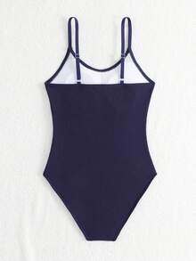 SHEIN Teenager Mädchen Einfarbiger Texturierter Stoff & Modischer Bodysuit Badeanzug Bodys für Teenager Mädchen Badeanzug Teens - Blau - Übersicht 2