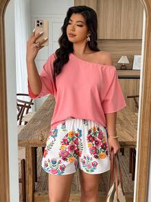 Weeklong Plus Size Women's Floral Print Asymmetrical Shoulder Loose Shorts 2-Piece Set, Casual Holiday Outfit Fall - Multicolor - View 5