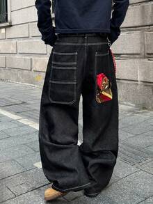 STEELVANCE 复古街头风休闲宽松直筒牛仔裤，后袋饰有独特的狗狗刺绣图案。 - 黑色 - 查看 7