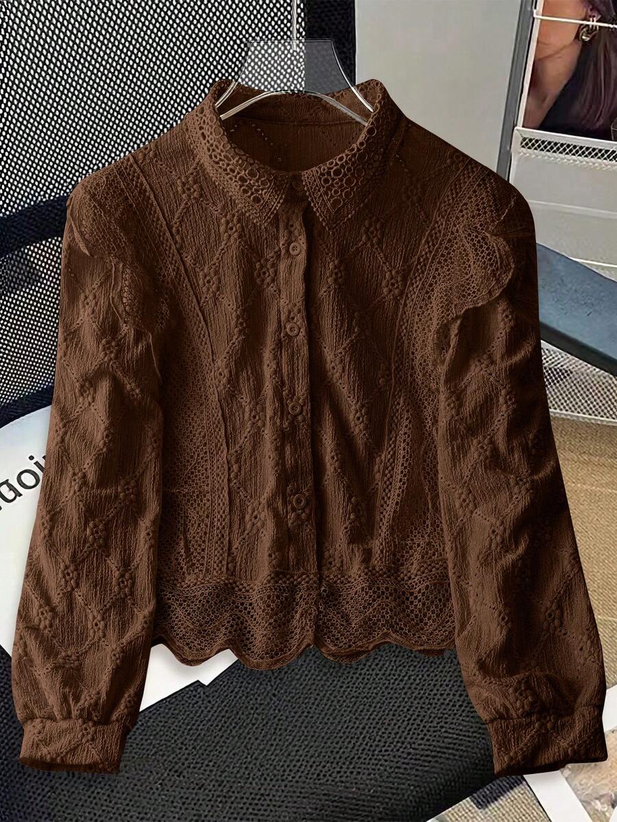 GlowEve Women's Simple Solid Color Textured Front Button Long Sleeve Shirt, Commuter Wear - Brown - View 1