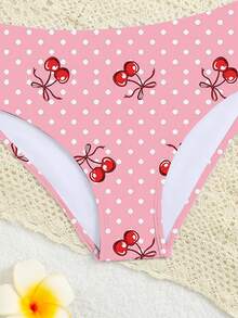 SHEIN Tween Girls' Cherry Polka Dot Print Bikini Set, Beach Vacation Style Kids Bikini Set High Waist Two Piece Tween Vacay Tween Strawberry Swimsuit Strawberry Bathing Suit 13 Year Old Bikini Tween Girl Swimsuit Two Piece
