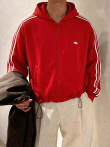 ESTAVOR 男士开衫卫衣 运动休闲风格 条纹设计 - 紅色 - 查看 9