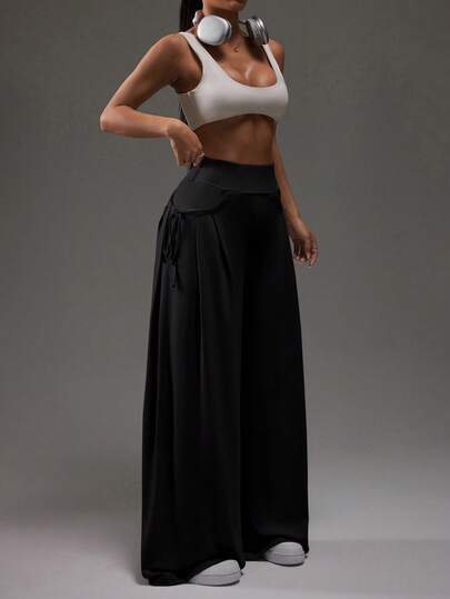 Dewbera Women's Ruched Casual Mesh Sports Pants, Spring/Autumn Athletic Skirt Yoga Studio Wide Leg Yoga Pant Wide Leg Pants Woman Palazzo Pants Women Wide Leg Athletic Pant Black Wide Leg Pants Women Wide Leg Pants Woman High Waist Wide Leg Yoga Pants