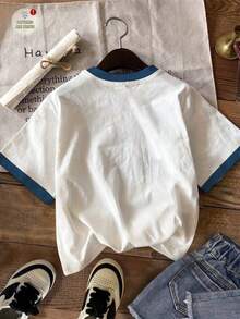 SHEIN قميص تي شيرت قصير الأكمام بياقة دائرية مناسب للفتيات، مطبوع برسومات قلوب وحروف، مناسب للصيف - متعدد الألوان - مشاهدة 3