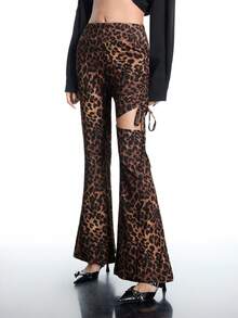 Airlisse Women's Leopard Print Side Ruched Flared Hem Leggings, Suitable For Spring And Autumn - Brown - View 1