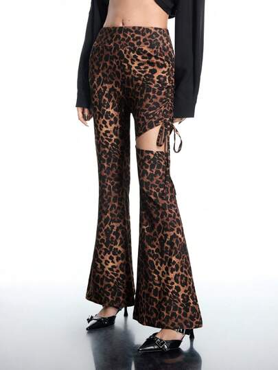 Airlisse Women's Leopard Print Side Ruched Flared Hem Leggings, Summer, Night Out Y2K Cut Out Flared Cheetah Animal Print