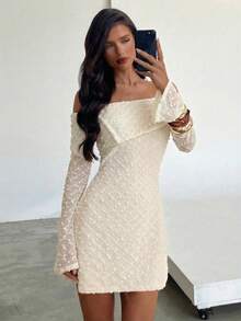 Aloruh 女士优雅提花露肩修身迷你连衣裙，适合派对和约会，春夏款 - 杏色 - 查看 8