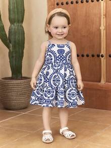 SHEIN Baby Girl Ditsy Floral Woven Spaghetti Strap Dress - Apricot - View 4