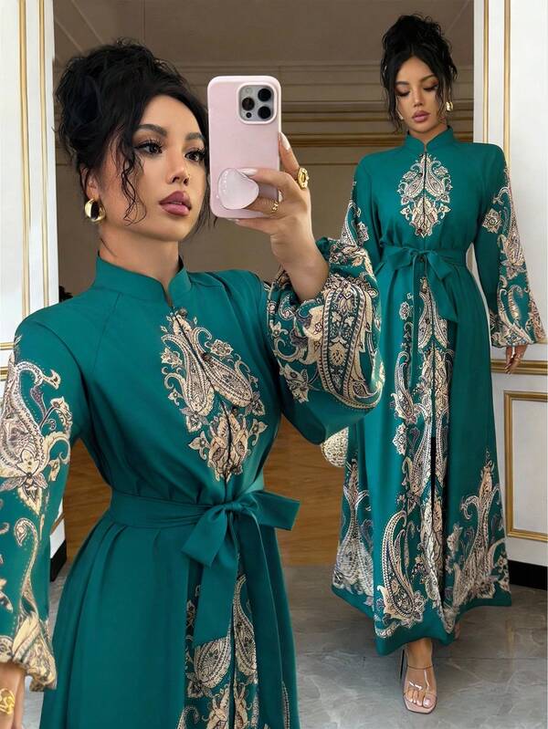 Rafferiza Fashionable, Casual, Loose-Fitting, Paisley Floral Print, Waist Tie Design, Lantern Sleeves, Long Sleeves, Women's Spring/Summer Dress, Women's Spring/Summer Evening Dress, Mid-Length Dress, Elegant Dress, Elegant Party Dress, Fashionable And Elegant Wedding Evening Dress, Women's Valentine's Day Outfit, Women's Birthday Dress, Women's Green Dress.