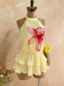 Soleia Women's Summer Vacation Casual Printed Backless Pleated Mini Dress - Multicolor - View 3