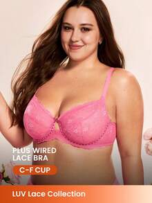 LUVLETTE Plus Full Coverage Breathable Unlined  Pink Lace Elegance & Mesh Keyhole Detail Lingerie Lounge Curve Sheer Minimizer Bridal Intimates Romantic  Valentine's Day GiftsBra - Hot Pink - View 1