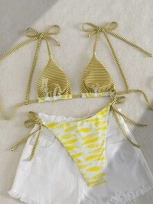 Swim Vcay Bộ bikini 2 mảnh gợi cảm, thời trang và ngọt ngào dành cho nữ, có nơ buộc vai, không gọng, có đệm mút tháo rời. - Màu vàng - Xem 2