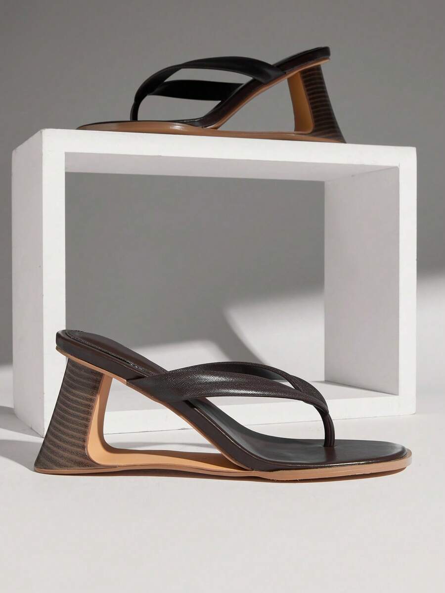 SHUZIA 女士时尚休闲套脚人字拖坡跟凉鞋 - 巧克力棕 - 查看 1