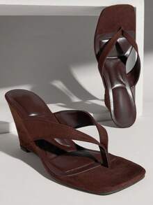 SHUZIA 女士人字拖 T 字带方头休闲高坡跟凉鞋 - 巧克力棕 - 查看 7