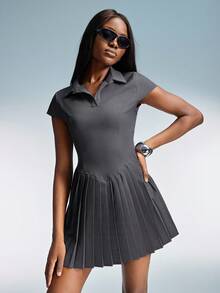 Aveloria GENKIRA Vestido corto de manga corta para mujeres jóvenes de estilo casual y chic, con cuello polo estilo británico retro, cintura en V invertida, parches y pliegues en el bajo - Gris Oscuro - Ver 5
