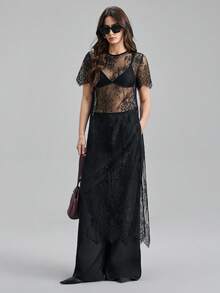 Ontre 2026 New Spring/Summer Women's Woven Fabric Romantic Valentine's Day Design Black Loose Fit Round Neck Short Sleeve Lace Long Blouse, 4th Of July Urban Chic Minimalist Fashion Commuter - Black - View 1