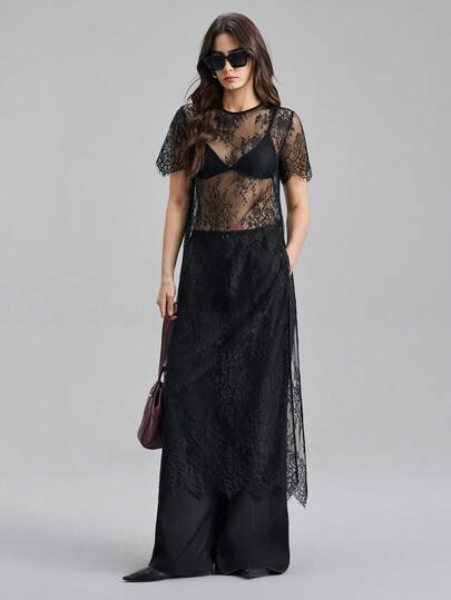 Ontre 2026 New Spring/Summer Women's Woven Fabric Romantic Valentine's Day Design Black Loose Fit Round Neck Short Sleeve Lace Long Blouse, 4th Of July Urban Chic Minimalist Fashion Commuter