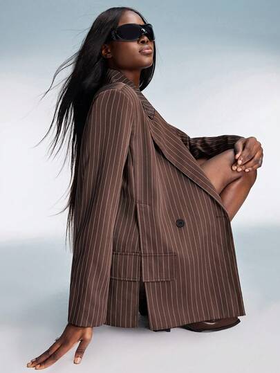 Aveloria Affinna Khaki Striped Lapel Hem Slit Design Oversized Loose Casual Chic Mixed Commute Back To School Season Women Blazer Jacket