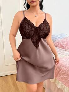 SHEIN EZwear Áo ngủ hai dây gợi cảm phối ren, eo khoét sâu, dành cho nữ cỡ lớn - Bụi hồng - Xem 6