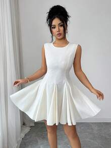 SHEIN Elenzya Women's Elegant Textured Jacquard Round Neck Flared Hem Sleeveless Mini Dress, Spring/Summer - Apricot - View 6