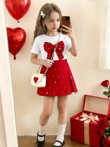 女童休闲时尚日常街头风圆领插肩袖3D蝴蝶结珍珠设计T恤搭配高腰短裙，3D珍珠设计返校套装，适合所有季节，红色适合节日和圣诞节穿着。 - 紅色 - 查看 1