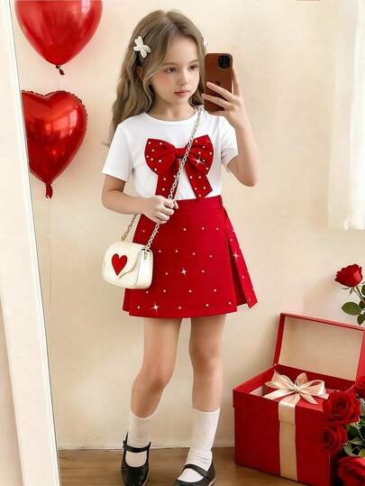 女童休闲时尚日常街头风圆领插肩袖3D蝴蝶结珍珠设计T恤搭配高腰短裙，3D珍珠设计返校套装，适合所有季节，红色适合节日和圣诞节穿着。