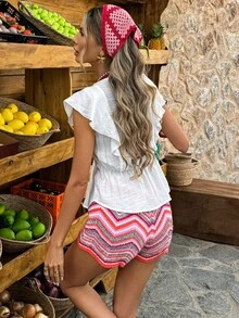 Selianne Atasan Babydoll Wanita Gaya Liburan Kasual Warna Polos Leher V Dalam dengan Hiasan Ruffle di Pinggang, Musim Panas - Putih - View 2