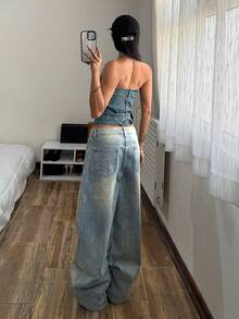 StreetHx Y2K 时尚休闲复古街头风低腰阔腿牛仔裤 - 中等水洗藍 - 查看 2