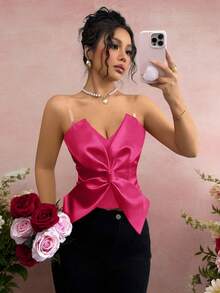Rafferiza Valentine's Day Fashion Bow Transparent Strap Red Zipper Design Camisole - Hot Pink - View 4