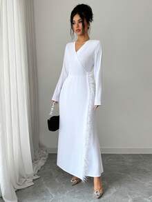 Modelyn French Design V-Neck Furry Patchwork Long Dress For Women - White - View 4