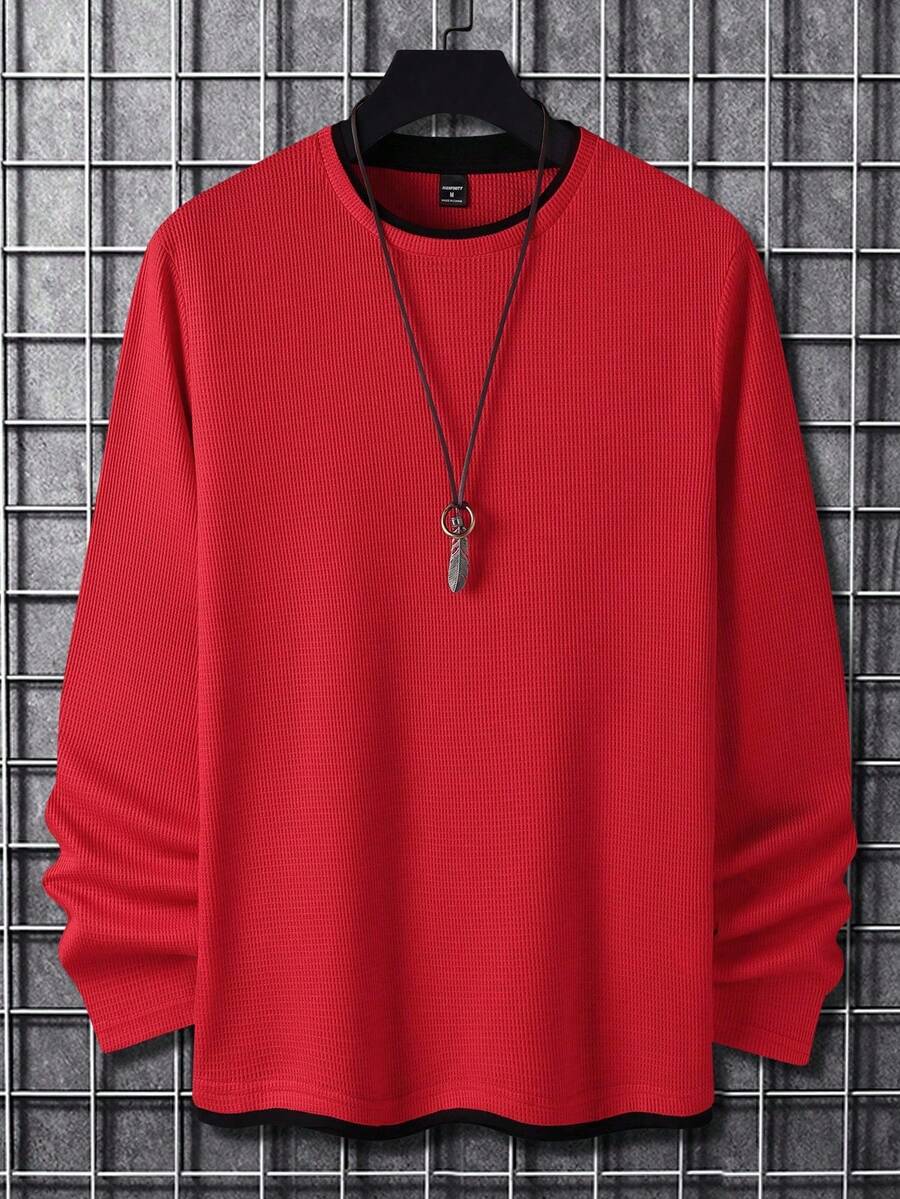 Manfinity Homme Áo thun nam cổ tròn tay dài màu trơn, dáng rộng, mùa thu - Đỏ - Xem 1
