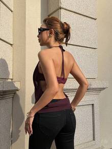 Almamuse Áo kiểu nữ thời trang, thoải mái, có chi tiết khoét lỗ, đính vòng trang trí, cổ áo xếp ly và dây buộc phía trước, chất liệu vải voan mỏng, thích hợp cho mùa hè. - Màu Đỏ Sâu - Xem 2