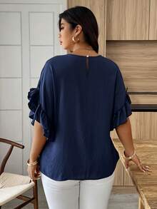 SHEIN LUNE Blus Longgar Lengan Kelelawar Kasual Wanita Ukuran Besar, Warna Polos, Cocok untuk Sehari-hari, Liburan, Perjalanan, Musim Semi/Panas - Navy Blue - View 2