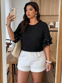 SHEIN LUNE Plus Size Women's Round Neck Ruffle Sleeve Beaded Casual Blouse, Spring/Summer - Black - View 7