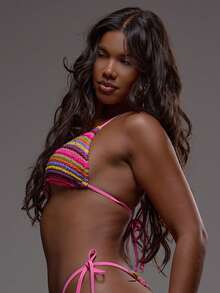 Musera Resort 条纹褶皱纹理图案彩色系带比基尼泳裤（仅限沙滩泳装）性感波西米亚风节日度假夏季可爱优雅伊比沙岛春季 - 彩色 - 查看 5