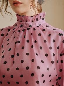 Anewsta Romantic Vacation Style Valentine's Day Pink & Black Polka Dot Ruffle Collar Long Sleeve Blouse For Women - Pink - View 8
