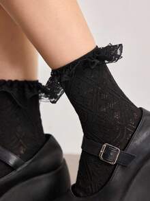 ROMWE Goth Women's Fashionable And Sweet Ruffle Trim Pink Mid-Calf Socks - Black A - View 5