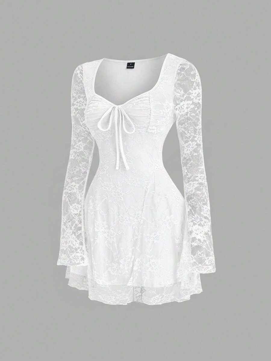 Sweetra Y2K Sexy Square Neck Pleated Flare Sleeve Versatile Commuter Dress - White - View 1