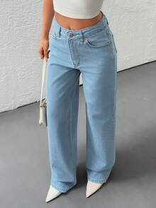 EURMUSE Jeans de tiro alto y pierna ancha para mujer - Denim azul clásico, ajuste recto minimalista, estilo casual de uso diario - Azul lavado medio - Ver 5