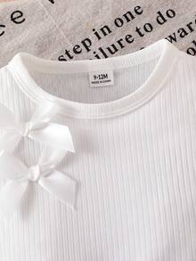 2pcs Baby Girls' Knit Bowknot Sleeveless Top And Denim Patchwork Ruffle Hem Skirt Set, Fashionable & Cute Children Summer Elegant Outfit - White - View 8