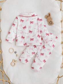 SHEIN Babygirl Cute Knitted Bow Long Sleeve Pajama Set, Casual Sleepwear