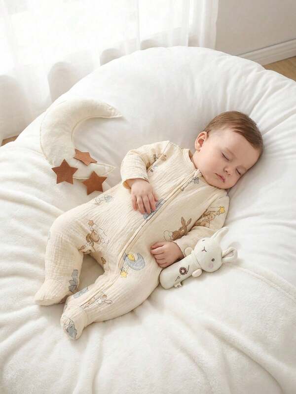 Newborn Baby Apricot Footed Jumpsuit With Cartoon Graphic Pattern, Home Wear Baby Zipper Romper Newborn Baby Clothes Fall Winter