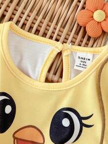 Playful Pals 2pcs/Set Baby GirlCute Duck & Chick Print Short Sleeve A-Line Dress, Suitable For Spring/Summer Outings, Photoshoots Or Everyday Wear - Multicolor - View 6