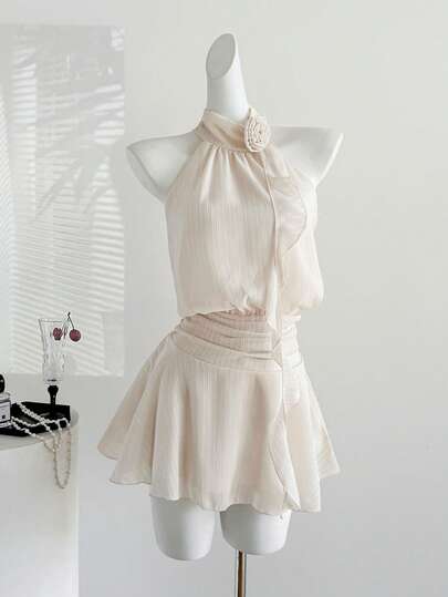 Sweetra French Elegant Neck Tie Floral Decor Layered Waist Ruffled Hem Graceful Intellectual Style Spring/Autumn Fashion New Women Dress