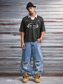 AXEPEAK 男士休闲时尚条纹字母印花短袖 Polo 衫 - 彩色 - 查看 4