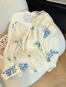 Resyla 女士时尚休闲简约浪漫度假刺绣花卉长袖纽扣衬衫 - 藍色 - 查看 2