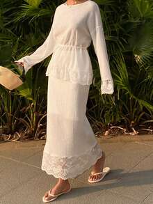 DAZY 女士度假风花卉蕾丝拼接落肩长袖上衣和中长裙两件套 - 白色 - 查看 2