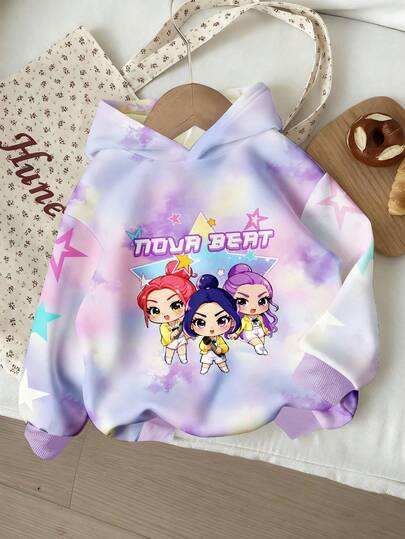 SHEIN 1 pieza Sudadera de manga larga con estampado de tie-dye de estrella de niña de estilo casual K-POP para niñas jóvenes, sudadera de punto grueso y cómoda para uso diario y vacaciones, adecuada para otoño/invierno